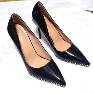 BigTree Ladies Black Faux Leather High Heel Silver Beaded Pointed Toes Size 8.5